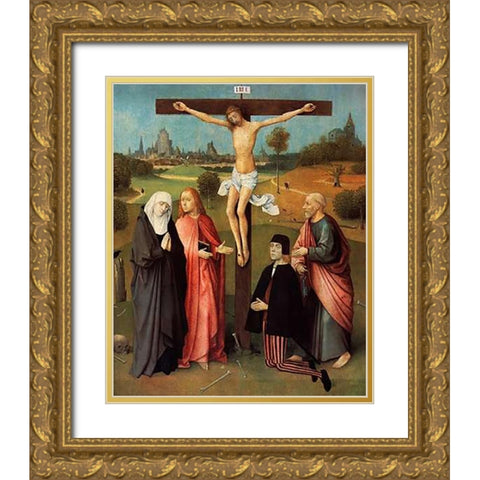 Calvary With Donor Gold Ornate Wood Framed Art Print with Double Matting by Bosch, Hieronymus