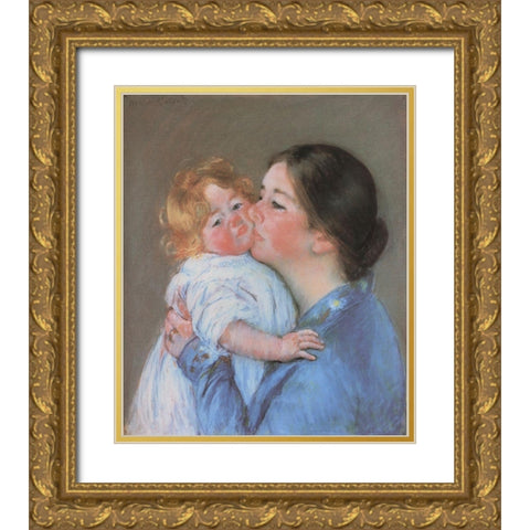 A Kiss For Baby Anne 1897 Gold Ornate Wood Framed Art Print with Double Matting by Cassatt, Mary