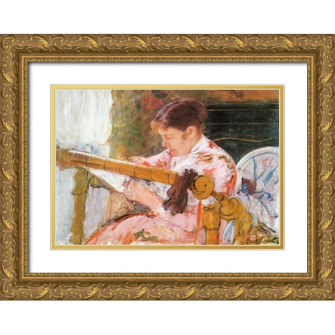 Lydia Working At A Tapestry Frame 1881 Gold Ornate Wood Framed Art Print with Double Matting by Cassatt, Mary