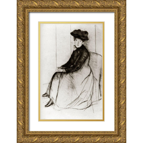 Reflection 1889 Gold Ornate Wood Framed Art Print with Double Matting by Cassatt, Mary