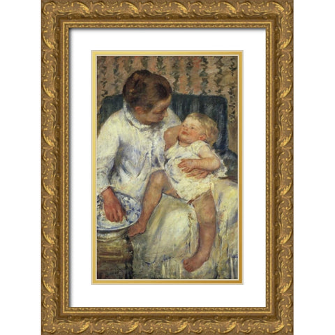 The Childs Bath 1880 Gold Ornate Wood Framed Art Print with Double Matting by Cassatt, Mary
