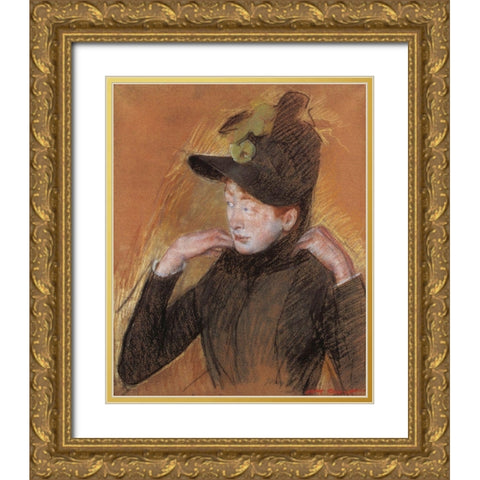 Woman Arranging Her Veil 1890 Gold Ornate Wood Framed Art Print with Double Matting by Cassatt, Mary
