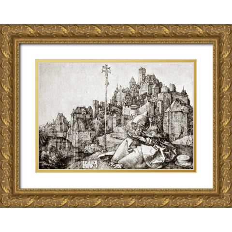 St Anthony At The City Gold Ornate Wood Framed Art Print with Double Matting by Durer, Albrecht