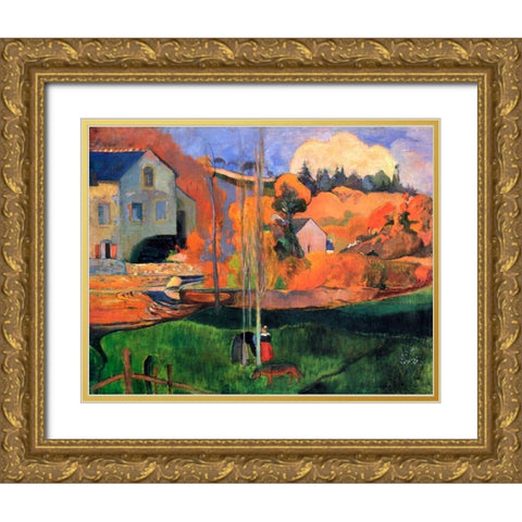 Britany Landscape Gold Ornate Wood Framed Art Print with Double Matting by Gauguin, Paul