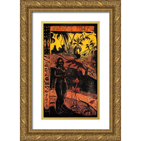 Delightful Land Woodcut Gold Ornate Wood Framed Art Print with Double Matting by Gauguin, Paul