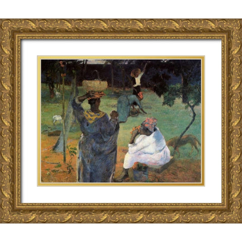 Gathering Fruit Gold Ornate Wood Framed Art Print with Double Matting by Gauguin, Paul