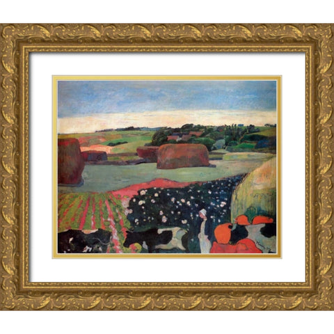 Haystacks In Brittany Gold Ornate Wood Framed Art Print with Double Matting by Gauguin, Paul
