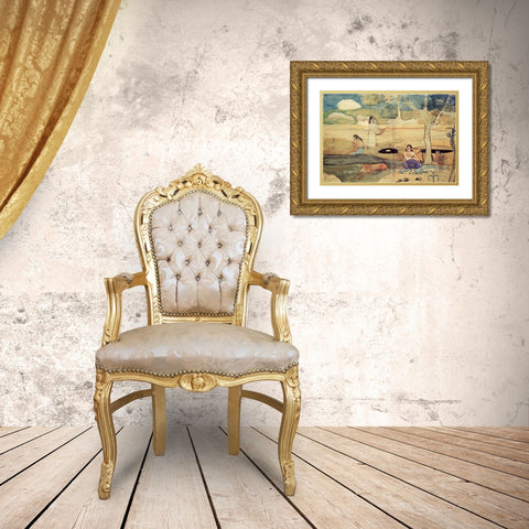 Tahitian Scene Gold Ornate Wood Framed Art Print with Double Matting by Gauguin, Paul