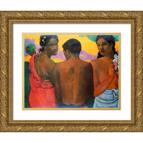 Three Tahitians Gold Ornate Wood Framed Art Print with Double Matting by Gauguin, Paul