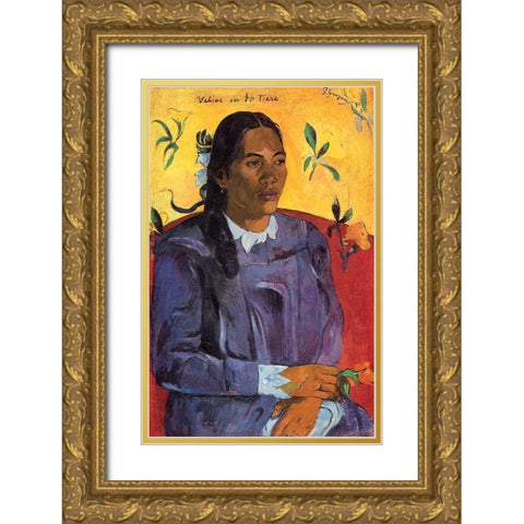 Woman With A Flower Gold Ornate Wood Framed Art Print with Double Matting by Gauguin, Paul