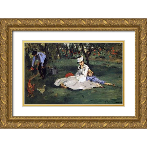 Monet Family in their Garden Gold Ornate Wood Framed Art Print with Double Matting by Manet, Edouard
