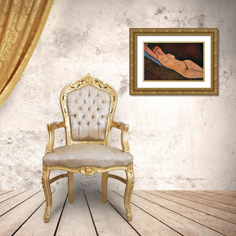 Reclining Nude Blue Cushion Gold Ornate Wood Framed Art Print with Double Matting by Modigliani, Amedeo
