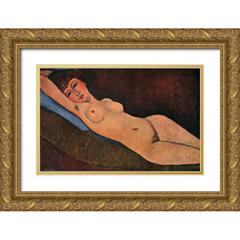 Reclining Nude Blue Cushion Gold Ornate Wood Framed Art Print with Double Matting by Modigliani, Amedeo