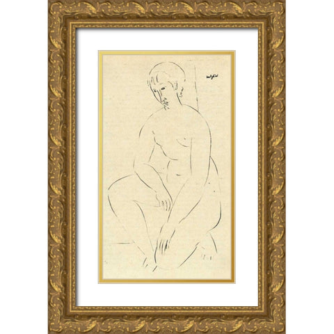 Squatting Nude 2 Gold Ornate Wood Framed Art Print with Double Matting by Modigliani, Amedeo