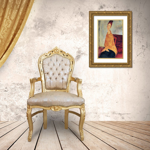 Yellow Sweater Mme Hebuterne Gold Ornate Wood Framed Art Print with Double Matting by Modigliani, Amedeo