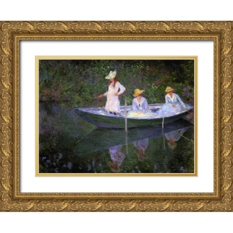 Barque A Giverny Gold Ornate Wood Framed Art Print with Double Matting by Monet, Claude