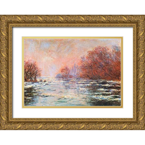 Breakup Of The Ice Near Vetheuil Gold Ornate Wood Framed Art Print with Double Matting by Monet, Claude