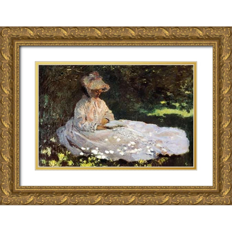 Camille Reading 1872 Gold Ornate Wood Framed Art Print with Double Matting by Monet, Claude