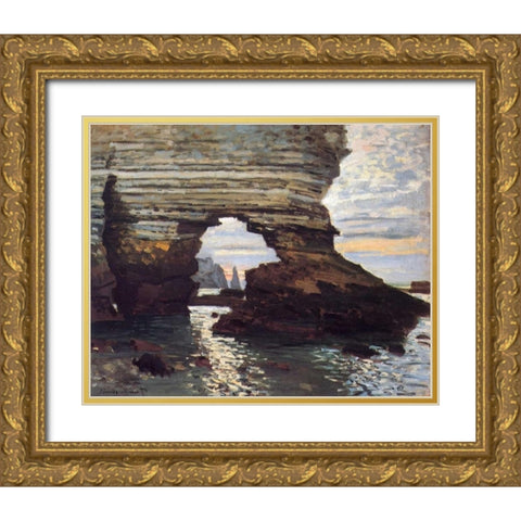 Cliff At Etretat Gold Ornate Wood Framed Art Print with Double Matting by Monet, Claude