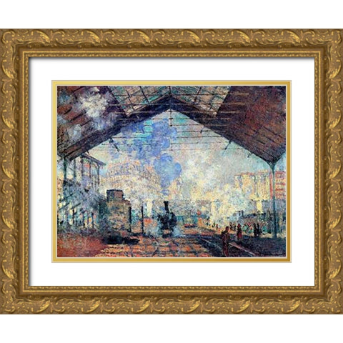 Gare St. Lazare Gold Ornate Wood Framed Art Print with Double Matting by Monet, Claude