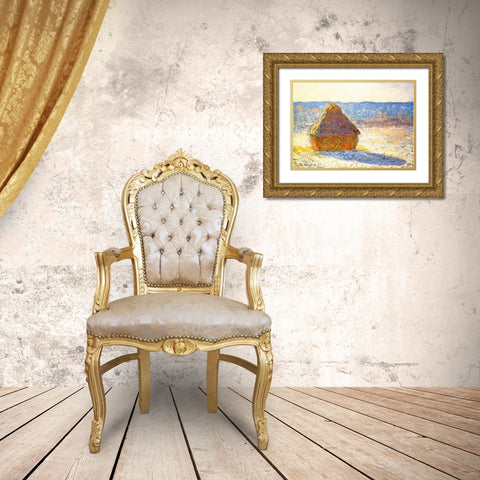 Haystack In Winter 1891 Gold Ornate Wood Framed Art Print with Double Matting by Monet, Claude