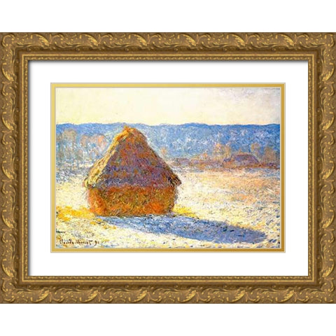 Haystack In Winter 1891 Gold Ornate Wood Framed Art Print with Double Matting by Monet, Claude