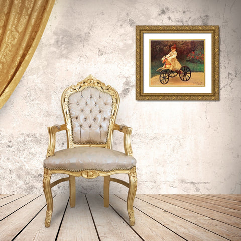Jean An His Wooden Horse 1872 Gold Ornate Wood Framed Art Print with Double Matting by Monet, Claude