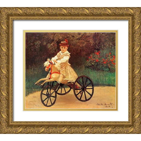 Jean An His Wooden Horse 1872 Gold Ornate Wood Framed Art Print with Double Matting by Monet, Claude