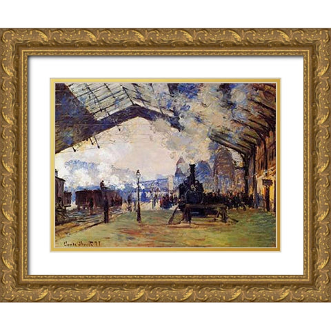 St Lazare Station The Arrival Of The Train From Normandy Gold Ornate Wood Framed Art Print with Double Matting by Monet, Claude