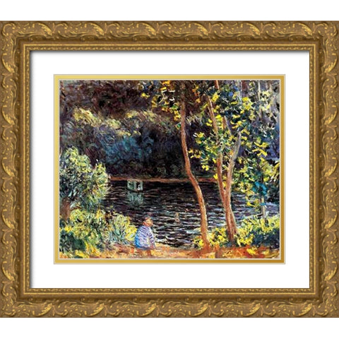 The Artists Floating Studio 1876 Gold Ornate Wood Framed Art Print with Double Matting by Monet, Claude