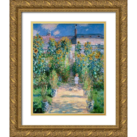 The Artists Garden At Vetheuil 1881 Gold Ornate Wood Framed Art Print with Double Matting by Monet, Claude