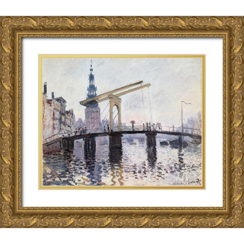 The Drawbridge Amsterdam 1874 Gold Ornate Wood Framed Art Print with Double Matting by Monet, Claude