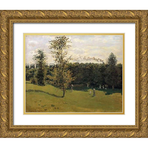 Train In The Countryside 1870 Gold Ornate Wood Framed Art Print with Double Matting by Monet, Claude