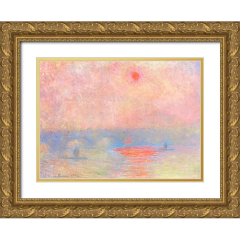 Waterloo Bridge Sun Through The Mist 1903 Gold Ornate Wood Framed Art Print with Double Matting by Monet, Claude