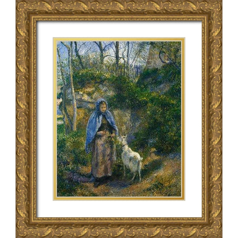 Woman With A Goat 1881 Gold Ornate Wood Framed Art Print with Double Matting by Pissarro, Camille