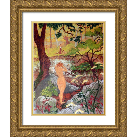 Nu Se Coiffant Au Bord De Letang Gold Ornate Wood Framed Art Print with Double Matting by Ranson, Paul