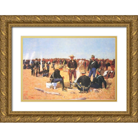 A Cavalrymans Breakfast On The Plains Gold Ornate Wood Framed Art Print with Double Matting by Remington, Frederic
