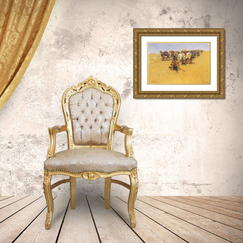 An Old Time Plains Fight Gold Ornate Wood Framed Art Print with Double Matting by Remington, Frederic