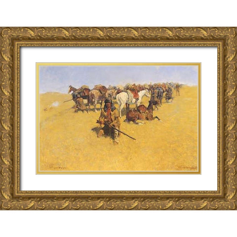 An Old Time Plains Fight Gold Ornate Wood Framed Art Print with Double Matting by Remington, Frederic