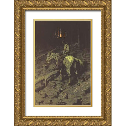Apache Fire Signal Gold Ornate Wood Framed Art Print with Double Matting by Remington, Frederic