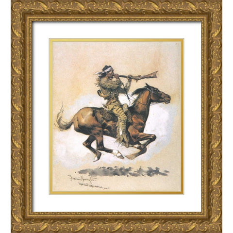 Buffalo Hunter Spitting A Bullet Into A Gun Gold Ornate Wood Framed Art Print with Double Matting by Remington, Frederic