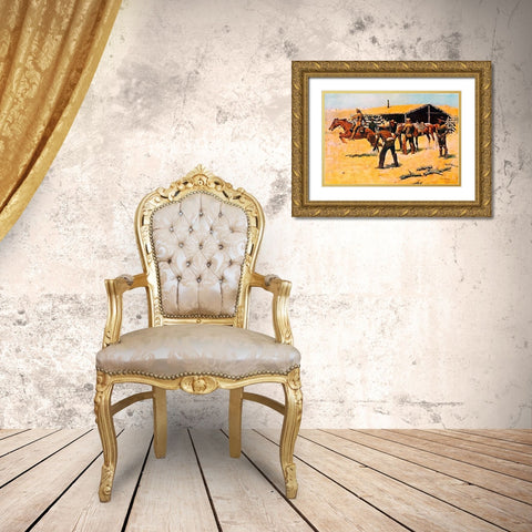 Coming And Going Of The Pony Express Gold Ornate Wood Framed Art Print with Double Matting by Remington, Frederic