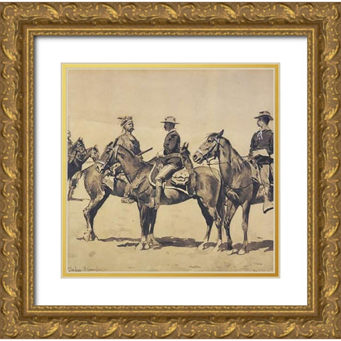 Detail The Meeting With The US Cavalry Gold Ornate Wood Framed Art Print with Double Matting by Remington, Frederic