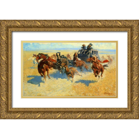 Downing The Nigh Leader Gold Ornate Wood Framed Art Print with Double Matting by Remington, Frederic