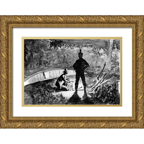 Extemporized Camp On Burnt Island Gold Ornate Wood Framed Art Print with Double Matting by Remington, Frederic