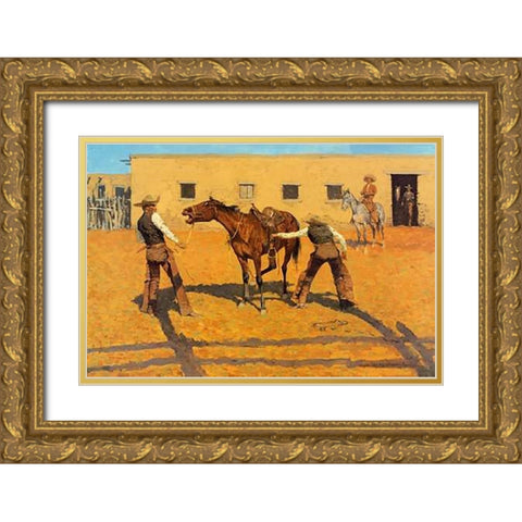 His First Lesson Gold Ornate Wood Framed Art Print with Double Matting by Remington, Frederic
