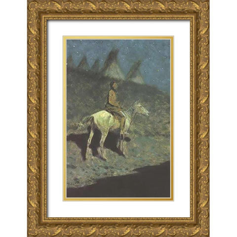 Indian In The Moonlight Gold Ornate Wood Framed Art Print with Double Matting by Remington, Frederic