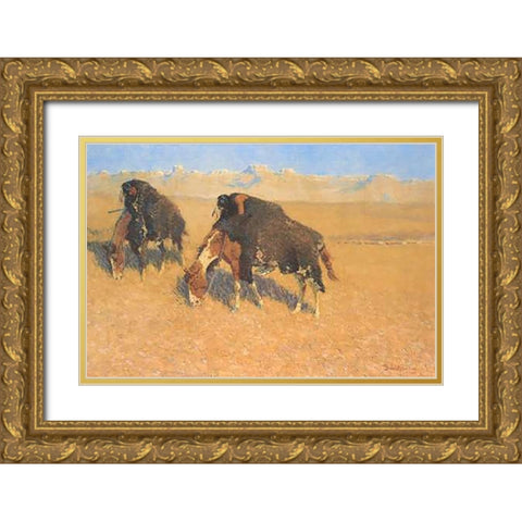 Indians Simulating Buffalo Gold Ornate Wood Framed Art Print with Double Matting by Remington, Frederic
