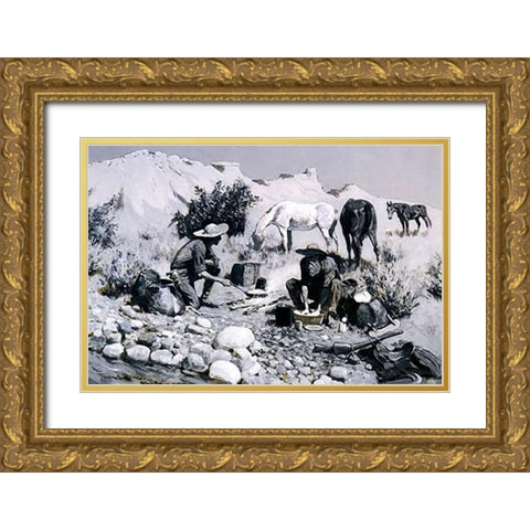 Prospectors Making Frying Pan Bread Gold Ornate Wood Framed Art Print with Double Matting by Remington, Frederic