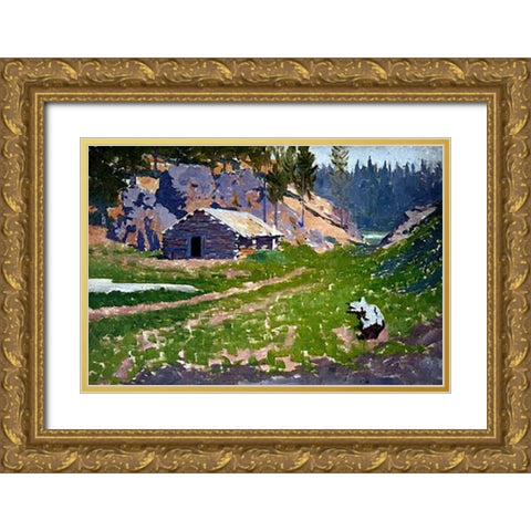 Squatters Cabin Gold Ornate Wood Framed Art Print with Double Matting by Remington, Frederic
